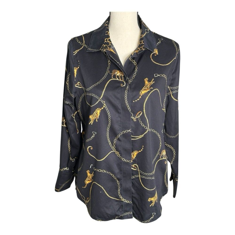CHICO'S NO IRON  ANIMAL PRINT LONG SLEEVE 100% COTTON BLACK BLOUSE SIZE 1‎